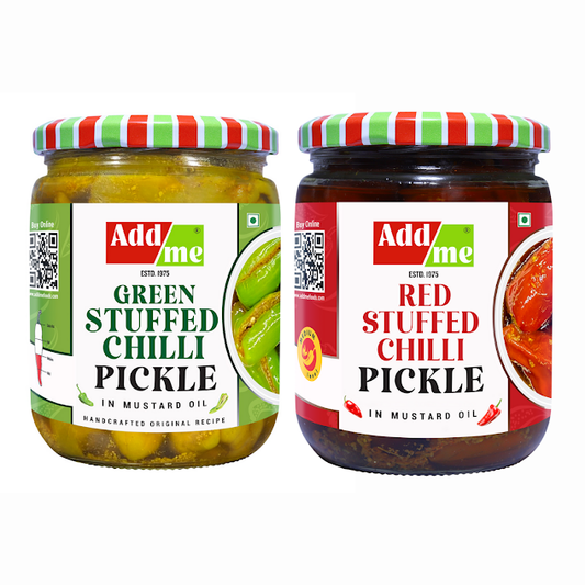Two jars of Add me pickles, one green chilli pickle and one red chilli pickle , on a white background. chilli pickle