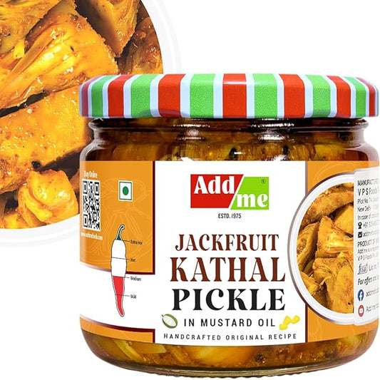 Jar of Adda Me Jackfruit Kathal Pickle with a colorful lid on a white background