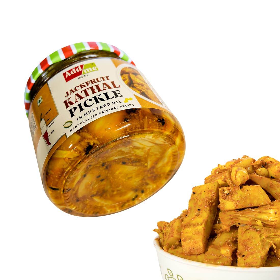 Jar of Jackfruit Kathal Pickle with a side view of the pickled jackfruit in a bowl on a white background
