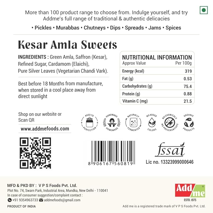 Back of a Kesar Amla Sweets packaging with nutritional information, ingredients, and branding details. kesar amla murabba