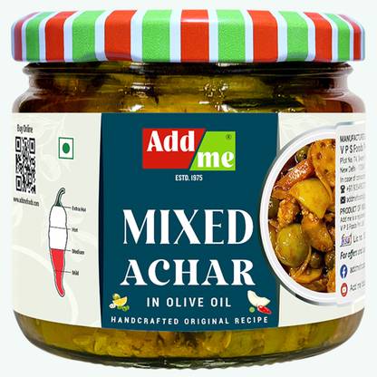 Add Me Foods: Jar of 'Mixed Achar' in olive oil with a colorful lid, featuring the brand 'Add me'.