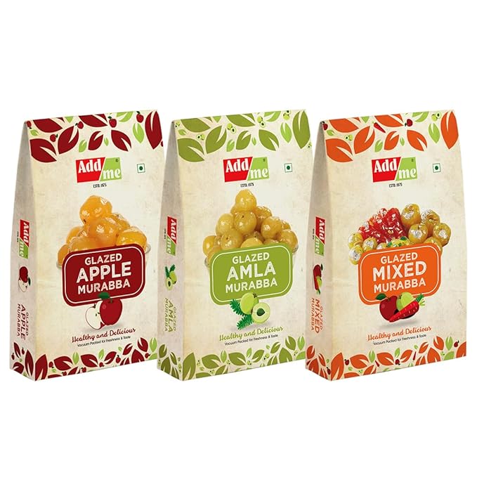 Three packages of Add Me Glazed Murabba with different flavors on a white background