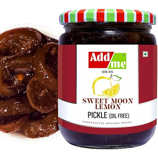 Jar of Add Me Sweet Moon Lemon Pickle with a close-up of pickles on a white background